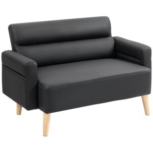 HOMCOM 2 Seater Sofa, Modern Faux Leather Couch Settee, Upholstered Small Sofa Loveseat with Wood Legs, Side Pocket for Living Room, Bedroom, Office, Black