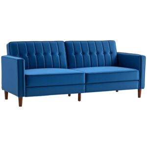 HOMCOM 3 Seater Velvet Sofa Bed, 189cm Click Clack Sofa Bed, Button Tufted Sleeper Couch with Split Reclining Backrest and Rubber Wood Legs, Blue