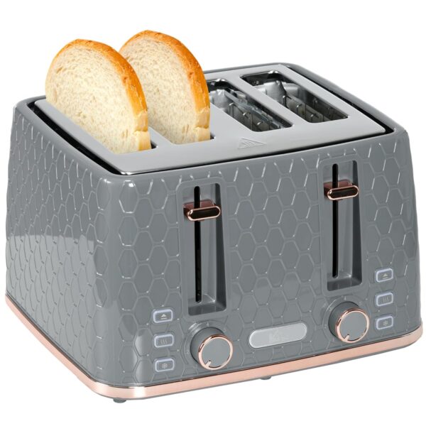 HOMCOM 4 Slice Toaster with 7 Browning Levels, High Lift, Reheat/Defrost/Cancel, Self-centring Function, Removable Crumb Tray, Auto Off, 1600W, Grey Honeycomb Texture