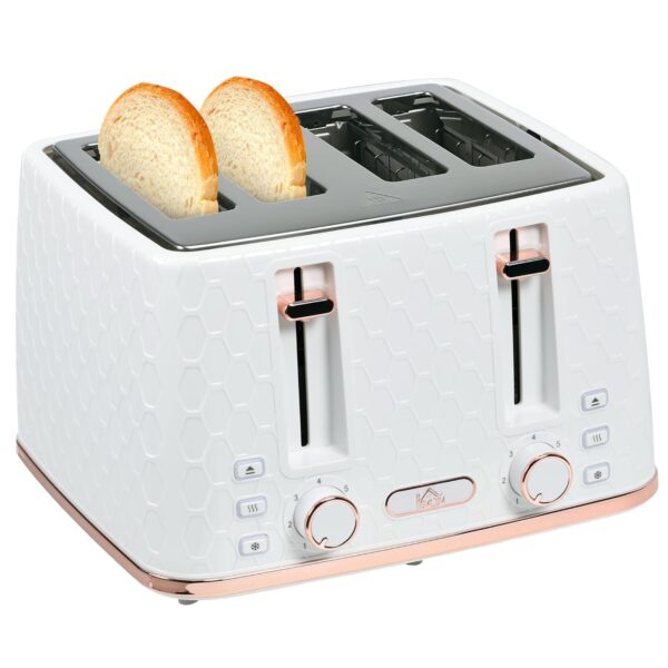 HOMCOM 4 Slice Toaster with 7 Browning Levels, High Lift, Reheat/Defrost/Cancel, Self-centring Function, Removable Crumb Tray, Auto Off, 1600W, White Honeycomb Texture