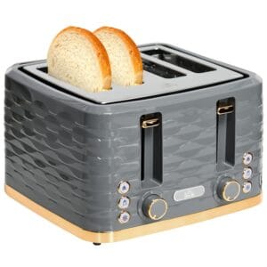 HOMCOM 4 Slice Toaster with 7 Browning Levels, High Lift, Reheat/Defrost/Cancel, Self-centring Function, Removable Crumb Tray, Auto Off, 1600W, Grey Water Ripple Texture