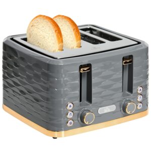 HOMCOM 4 Slice Toaster with 7 Browning Levels, High Lift, Reheat/Defrost/Cancel, Self-centring Function, Removable Crumb Tray, Auto Off, 1600W, Grey Water Ripple Texture