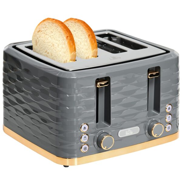 HOMCOM 4 Slice Toaster with 7 Browning Levels, High Lift, Reheat/Defrost/Cancel, Self-centring Function, Removable Crumb Tray, Auto Off, 1600W, Grey Water Ripple Texture