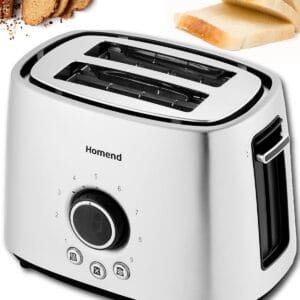 Homend Breadfast 2 Slice Toaster | 9 Browning Levels with LED Adjustment Screen, Wide Slots, High-Lift Lever, Defrost & Reheat Functions, Removable Crumb Tray, Stainless Steel