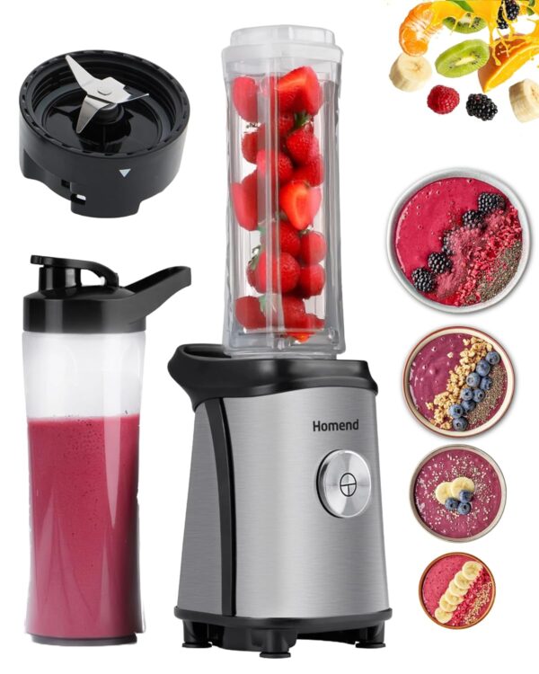 Homend MixFresh Personal Blender for Smoothies with 2 x 600ml BPA-Free Bottles | 350W Portable Smoothie Maker for Shakes, Frozen Fruits, and Vegetables - Compact Design