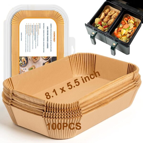 HONYAO Air Fryer Paper Liners for Dual Airfryers, 20.5x14 cm Rectangle Disposable Baking Accessories Compatible with Ninja Foodi Tower Cookwise COSORI Other 7.6-9.5 L Double Air...