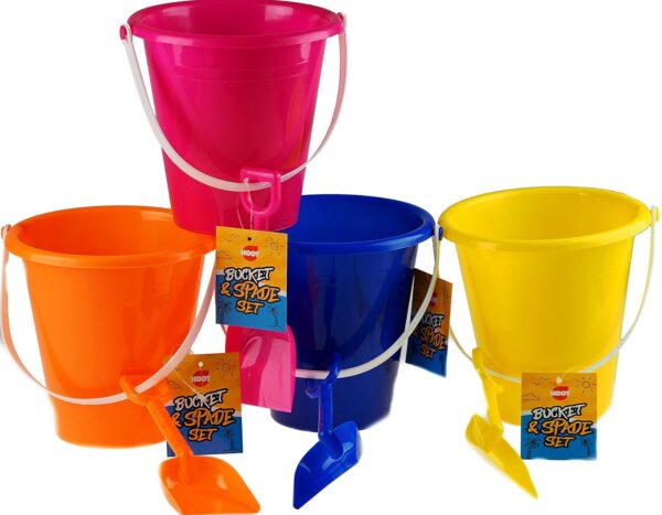 Hoot Set Of 4 Bright Colour Large Bucket And Spade Beach Toys