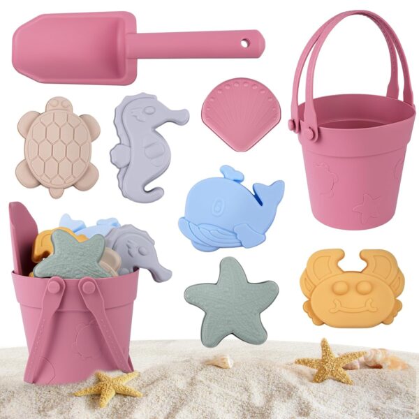 HOTUT Silicone Sand Toys for Kids, 8 PCS Kids Beach Sand Bucket Set with Bucket, Shovels and Sea Animal Soft Molds, Beach Toy for Kids for Beach Party Camping and Summer...