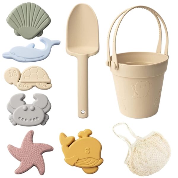 Hperu 8PCS Safe Silicone Beach Toys with Shovel Bucket Sand Molds for Travel Summer Outdoor, Beige