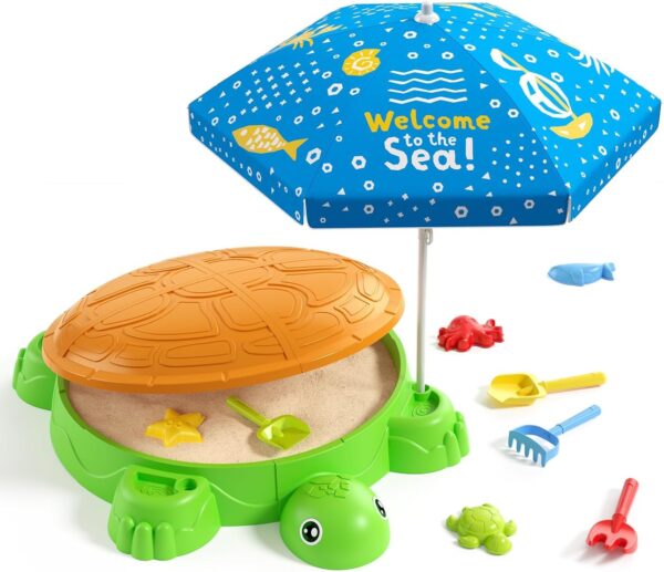 HYES Turtle Sandbox Sand Pit with Lid, Adjustable Umbrella, Beach Toys for Toddler 3-5, Sandpit for Children with Cover Suit, Kids Sand Pit Toys Summer Gifts for Indoor Outdoor...