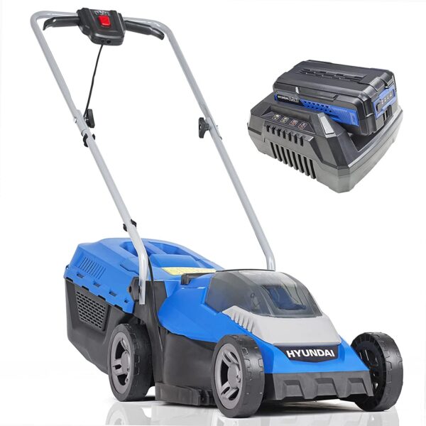 Hyundai 13"/33cm 40V Lithium-Ion Cordless Battery Powered Roller Lawn Mower With Battery and Charger, 3 Adjustable Cutting Heights, 30l Grass Collector, Foldable Handles, 3 Year...