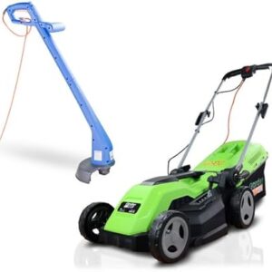 Hyundai 250w 25cm Corded Electric Grass Trimmer and GardenTek 15"/38cm Electric Lawnmower 1600w/230v Roller Mulching Lawn Mower, 5 Cutting Heights, 40l Grass Catcher