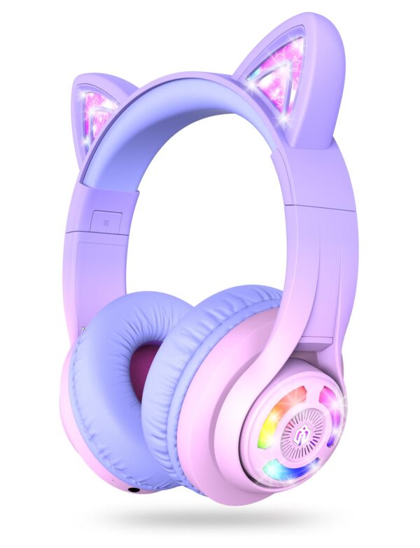 iClever Kids Bluetooth Headphones, BTH13 Cat Ear LED Light Up Kids Headphones Wireless, 50H Playtime, 74/85dBA Volume Limiting Children Headphone with Microphone Over Ear for...