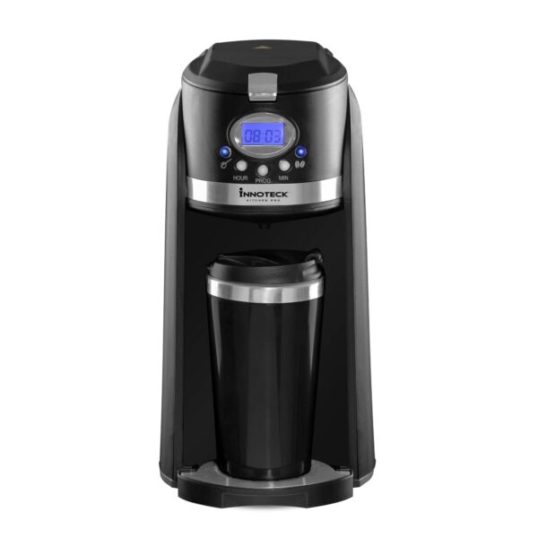 Innoteck Travel Filter Coffee Maker Grind and Brew 2 in 1 On-The-Go Automatic Coffee Machine with Stainless Steel Thermo Travel Mug, Black/Chrome, DS-5907