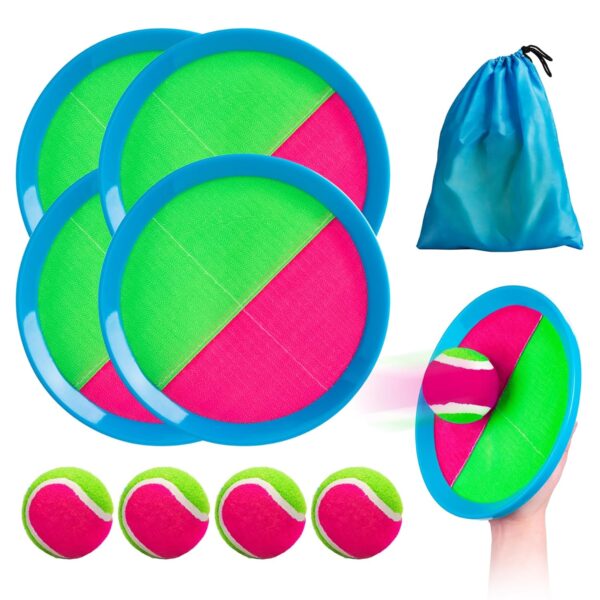 INPODAK Toss and Catch Ball Set,Garden Games for Kids 8-12 Years,Children Bat Balls Catcher Set,Outdoor Sand Beach Toys for Kids Age 3 4 5 6 7 8 Years old（4 Balls,4 Paddles)