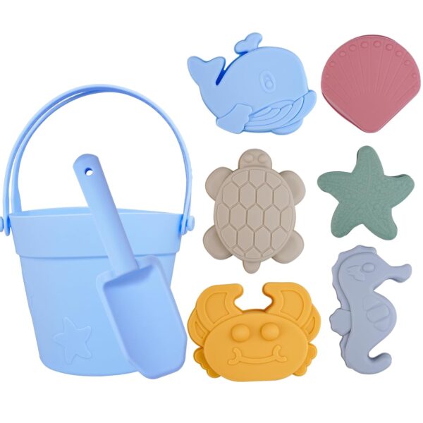 JasCherry Silicone Beach Toys Set, 8 Pcs Sand Toys for Kids, Non-Toxic Outdoor Water Play Set for Toddlers, Beach Bucket with Shovel, Animal Molds, Summer Vacation Essentials...