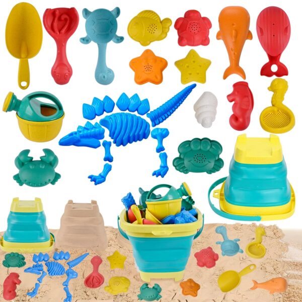 Jeackcelle Sand Toys for Kids - Beach Toys Set, 25PCS Dinosaur Beach Toys Set with Collapsible Beach Bucket, Travel Beach Toys Sand Molds, Rake, Sandbox Toys, Sand Castle...