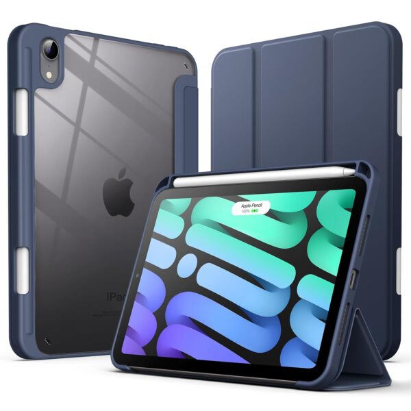 JETech Case for iPad mini (A17 Pro, 2024 Model, 7th Generation) / mini 6 (2021 Model, 6th Generation) with Pencil Holder, Clear Back Shell Slim Stand Tablet Cover, Auto...