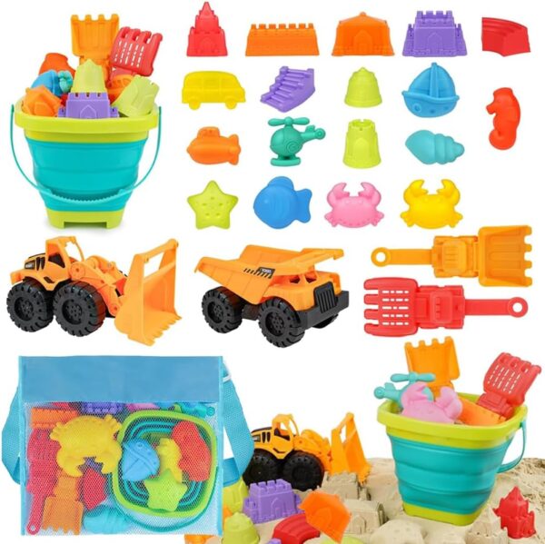 JOAASU 24 Pcs Beach Sand Toys Set, Sand Toys for Kids with Mesh Bag, Beachs Bucket and Spade Set, Sandpit Toys, Sandcastle Making Kit, Beach Toy for Toddlers Age 1-5 for Boys Girls