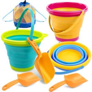 JOYIN 3 Kids Beach Toys Collapsible Bucket and Spade Sets for Toddlers with 3 Shovels, Sand Bucket Party in Summer Foldable Bucket Silicone for Toddles Age 3 4 5...