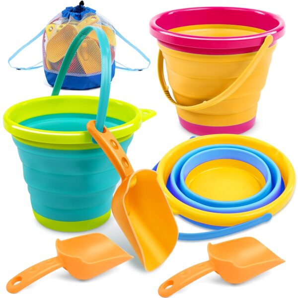 JOYIN 3 Kids Beach Toys Collapsible Bucket and Spade Sets for Toddlers with 3 Shovels, Sand Bucket Party in Summer Foldable Bucket Silicone for Toddles Age 3 4 5...