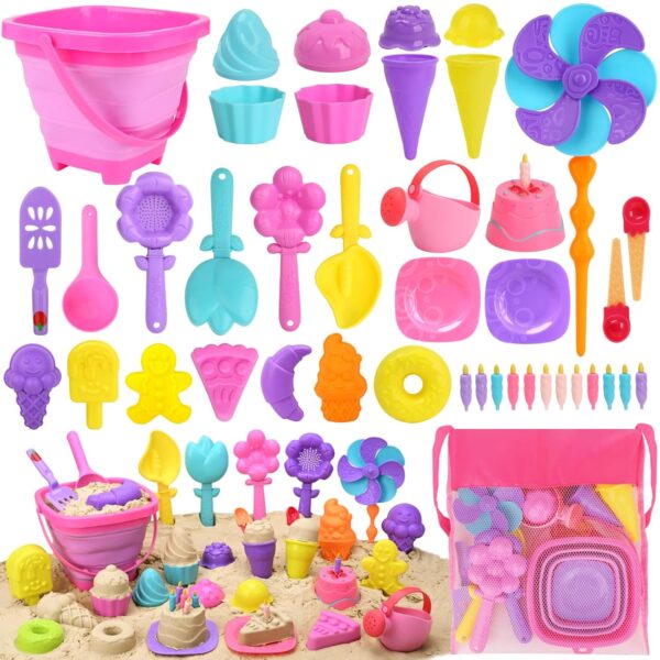 Joyreal 46 PCS Ice Cream Beach Toys - Sand Pit Toys with Collapsible Bucket and Spade Beach Set Kids with Shovel Tool Kits Storage Mesh Bag for Toddlers Boys Girls