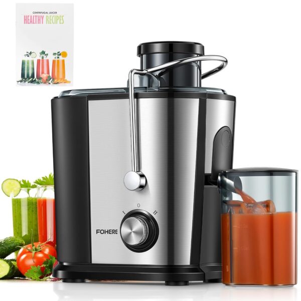 Juicer Machines FOHERE 600W, 3" Wide Mouth Whole Fruit and Vegetable, Fruit Juicer Machine with Anti-Drip Spout, 2 Speeds, Juice Booklet, Brush for Easy Cleaning, BPA-Free