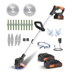 Jwdj Strimmer 21V Cordless Grass Trimmer, Cordless Strimmer with 2 Pieces of Li-Ion Batteries for all your Garden Clearing, Weed and Tree Cutting Needs