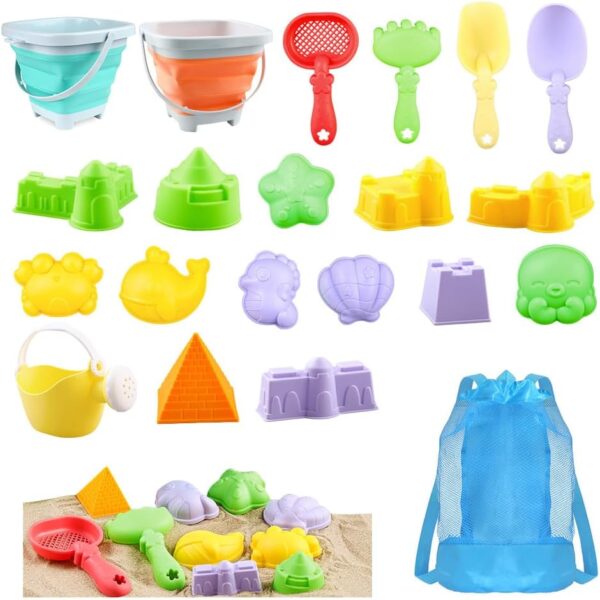 KBIBCK 21 Pcs Beach Sand Toys for Kids, Beach Toys Set for Kids, Sand Pit Toys with Collapsible Bucket and Spade, Storage Mesh Bag, Marine Animal Sand Moulds, Outdoor Toys for...