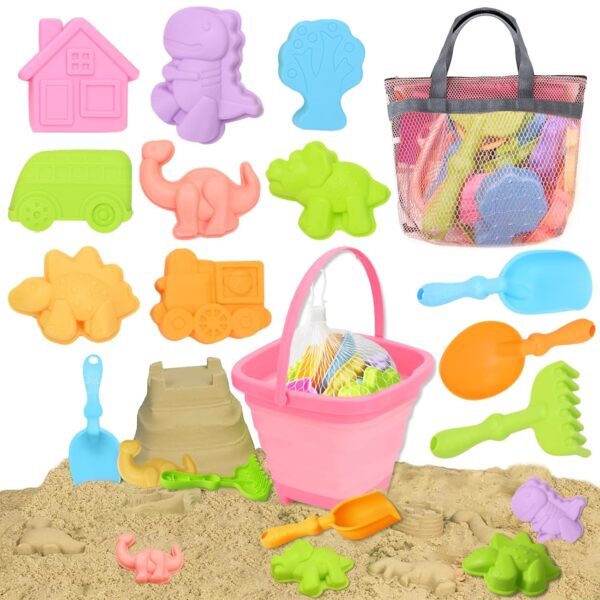 Kids Beach Sand Toy Set, Sand Pit Toys with Foldable Bucket, Shovels, Rakes, Molds & Mesh Bag, Outdoor Sand & Water Travel Beach Toys for Boys Girls(Pink)