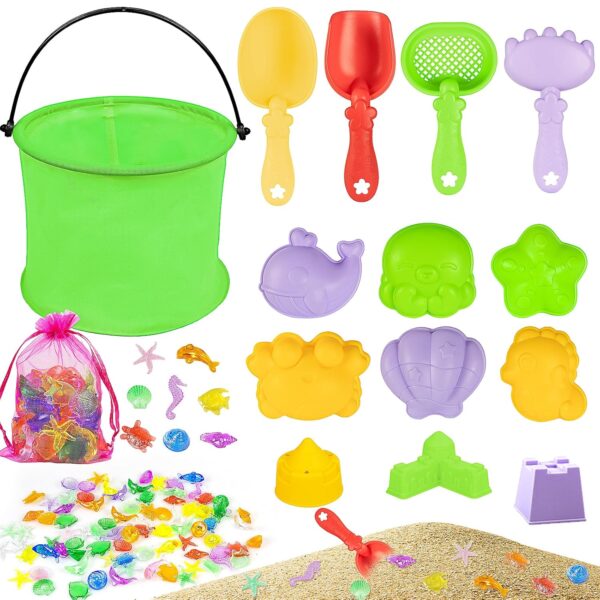Kids Beach Toys Set, Sand Pit Toys Shovel Beach Set with Foldable Bucket Mesh Bag 90 Pcs Ocean Animal Molds - Outdoor Sand & Water Play for Boys Girls