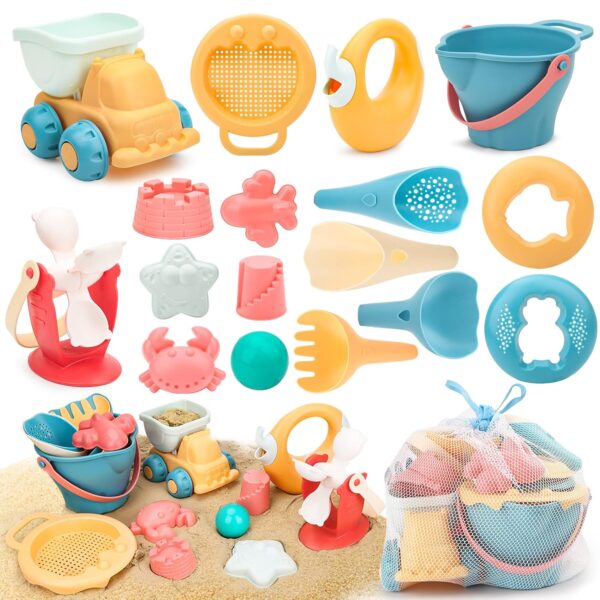 Kids Sand Beach Toys, Sand Toys Set with Resuable Mesh Bag Bucket and Spade Summer Beach Games for Children Toddlers
