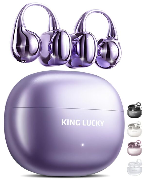 King Lucky i121 Purple Open Ear Wireless Bluetooth 5.4 Clip-on Earbuds with Mic, 50H Playtime, Noise Cancelling, Waterproof, Comfortable for Small Ears & Glasses Wearers, for...
