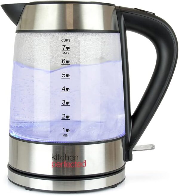 Kitchen Perfected Eco-Friendly Blue Illuminating Cordless Glass Kettle - 1.7Ltr, 2200w, Fast and Quiet Boil, 1 Cup in 60 seconds, Only boil what you need, BPA Free - E1401BS