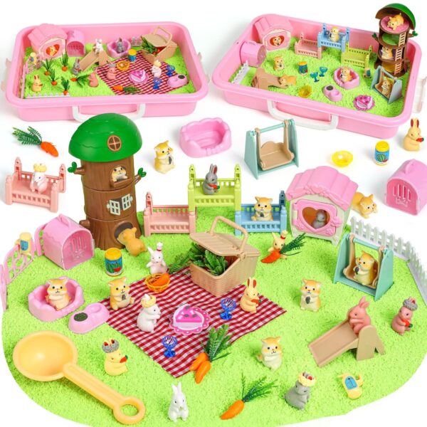 KNASON Rabbit and Hamster Sensory Bin,Play Sand Kit for Girls and Boys with Soft Sensory Sand and Sand Box,Pet Sandbox Toys Role Pretend Play Beach Toy Birthday Present for...