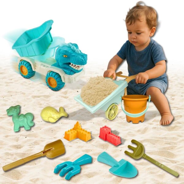 koolbitz 11Pcs Beach Dinosaur Car Truck Toy Set with Wheelbarrow Sandcastle Building Kit for Kids with Molds, Shovels and Bucket Perfect for Indoor Outdoor Summer Beach Play Fun...