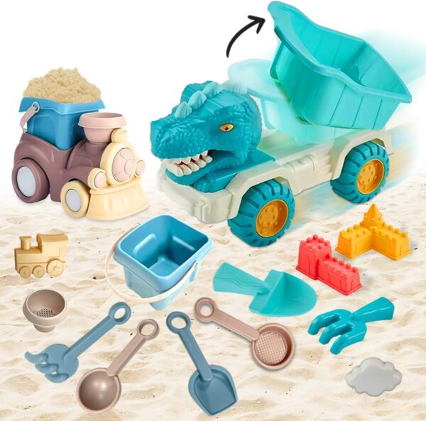 Koolbitz 14 Pcs Kids Beach Sand Play Set - Sand Bucket, Molds, Tools, and Dinosaur Truck for Outdoor Activities and Sandbox Play, Ages 3+