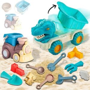 Koolbitz 14PCs Beach Sand Toys Kit for Kids Dinosaur Track & Train Magic Motion Sand Playset with Shovels, Sand Molds and Tools Perfect for Beach and Indoor Play Creative Summer...