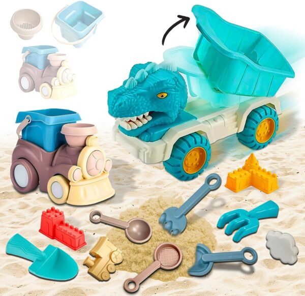 Koolbitz 14PCs Beach Sand Toys Kit for Kids Dinosaur Track & Train Magic Motion Sand Playset with Shovels, Sand Molds and Tools Perfect for Beach and Indoor Play Creative Summer...