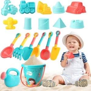 Koolbitz Beach Play Set for Kids 18-Piece Sand Toy Kit with Sandpit Colorful Bucket, Watering Can, Shovels, Castle, Digger, Car Molds - Kids Beach Toy Garden Playset, Sandbox,...