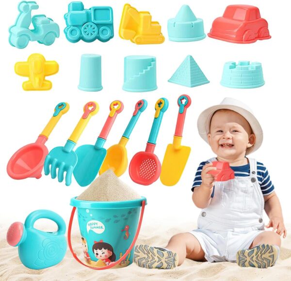 Koolbitz Beach Play Set for Kids 18-Piece Sand Toy Kit with Sandpit Colorful Bucket, Watering Can, Shovels, Castle, Digger, Car Molds - Kids Beach Toy Garden Playset, Sandbox,...
