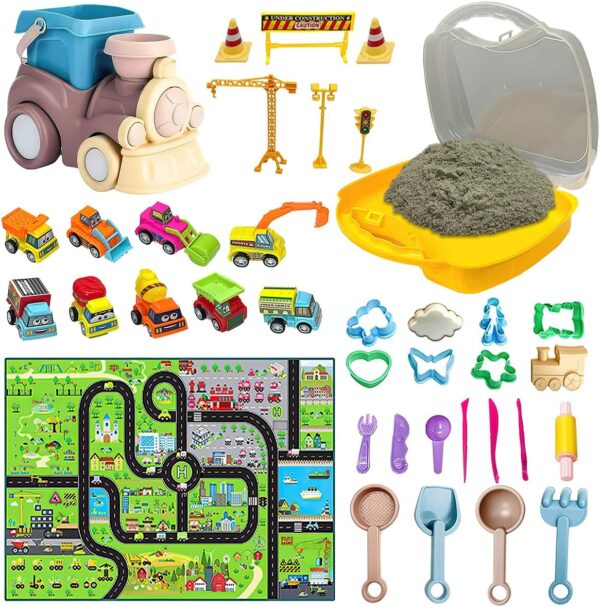Koolbitz Bucket Beach Train & Space Sand Playset - 40PCS Portable Sandbox Toy Set with Non-Toxic Space Sand, Construction Vehicles, Molds, and Tools for Indoor & Outdoor Play...