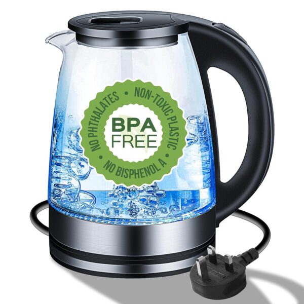 KOOSREEL Electric Kettle & Glass Water Kettle with Blue LED, 1.8 Liter, Black, Illuminating Indicator, Automatic Shut-Off, Boil-dry Protection