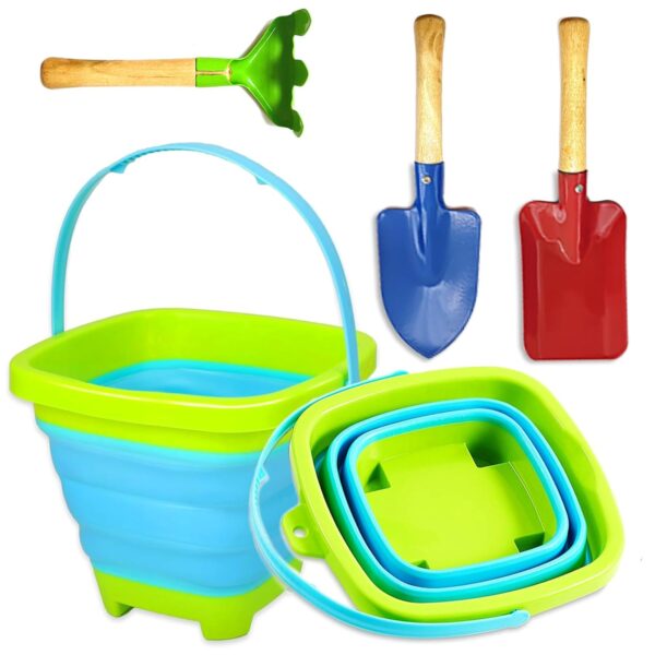 KY-Tech Collapsible Beach Toys Set for Kids, Foldable Sand Bucket & Shovel Kit, Collapsible Beach Bucket with 3pcs Metal Spade for Children Toddles Age 3 4 5 Summer Beach Party