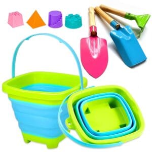 KY-Tech Kids Beach Toys Foldable Beach Bucket And Spade Set, Collapsible Beach Bucket with 3pcs Metal Spade and 4pcs Sand Moulds For Boys Girls Summer Beach Party