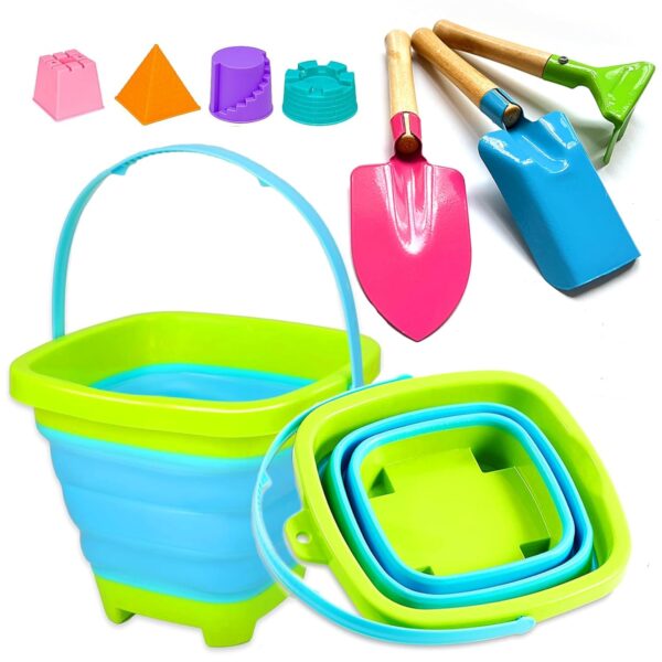 KY-Tech Kids Beach Toys Foldable Beach Bucket And Spade Set, Collapsible Beach Bucket with 3pcs Metal Spade and 4pcs Sand Moulds For Boys Girls Summer Beach Party