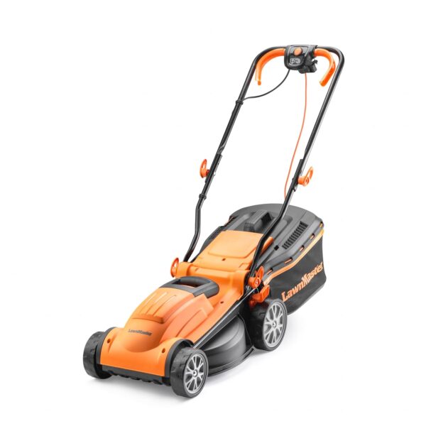 LawnMaster 1400W Electric Lawn Mower with 34cm cutting width, ideal for small to medium sized lawns. With 6 adjustable cutting heights and rear roller for striped finish, 2 year...