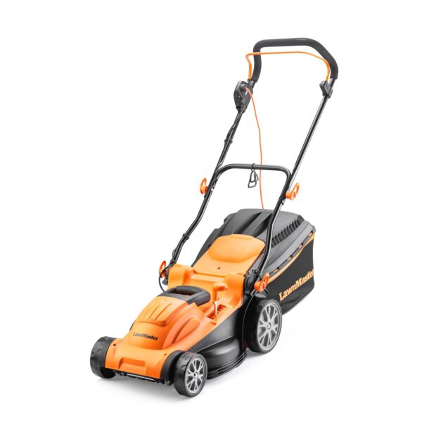 LawnMaster 1600W Electric Lawn Mower with 37cm cutting width, ideal for medium sized lawns. Rear roller for striped finish. With 6 adjustable cutting heights and mulching plug,...