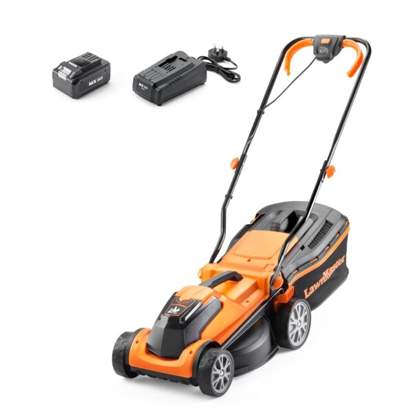 LawnMaster MX 24V 34cm Cordless Lawnmower with MX 24V 4.0Ah Lithium Ion Battery, Fast Charger and Rear Roller. Powerful Battery Lawn Mower for Small to Medium Lawns (34cm Mower)