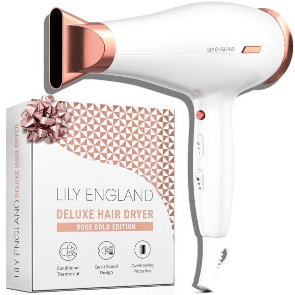 Lily England Lightweight Hair Dryer - Quiet Hairdryer with Cold Setting for Shine Boost, Hairdryers for Women Multiple Heat & Speed Settings, White & Rose Gold